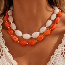 2pcs Bohemian Fashion Vintage Elegant Exquisite Asymmetrical Geometric Natural Stone Beaded Necklace Set For Women, Suitable For Daily Casual, Outings, Banquets, Music Festivals, Parties, Beach Vacation, Summer Jewelry Gift - Multicolor - View 3