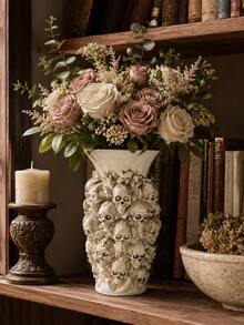 Gothic Skull Vase For Halloween Decor, Ivory Multi Skull Flower Holder, Spooky Dark Academia Home Decor, Table Centerpiece For Living Room Bedroom Mantel Shelf - New Skull Vase Style - View 4