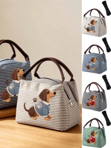 Cute Dachshund Striped Lunch Bag With Utensil Storage, 2D Flat Pattern, Portable Insulated Hot & Cold Lunch Bag, Handheld Lunch Bag, Multi-Functional Insulated Bag, Office Lunch Bag, Suitable For School, Picnic, Commute, Reusable, Waterproof Lunch Box, Back To School Essential, Unique Party Gift, Back To School Gift, New Job Gift, Birthday Gift - Multicolor - View 2