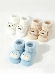 3 Pairs Cartoon Floor Baby Infant Socks With 3D Doll Design - Multicolor - View 1