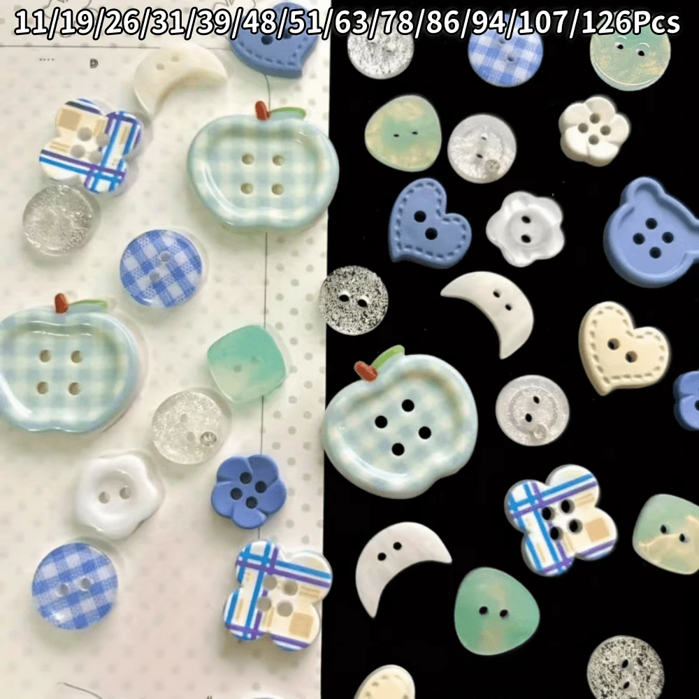 11/19/26/31/39/48/51/63/78/86/94/107/126Pcs Pink Blue Button Set - Random Pattern Colors Soft Blue, Heart, Floral, Sphere Shaped Light Blue/Sky Blue/White - Suitable For Sewing, Knitting, Handmade DIY - Durable Plastic Fabric Fasteners - Essential For Beginners And Professionals, Decorative Buttons, Textured Surface (Random Styles) - Multicolor - View 1
