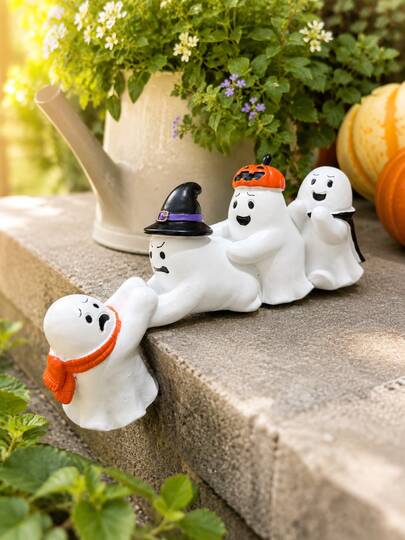 Cute Halloween Ghost Figurine Set, Resin Spooky Ghost Statues With Witch Hat & Pumpkin Hat, Outdoor Garden Tabletop Decor For Patio, Porch, Yard, Shelf & Halloween Party