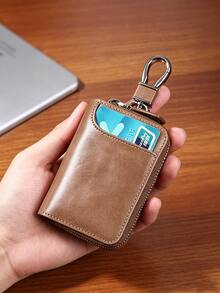 Vintage Genuine Leather Key Holder For Men, Large Capacity Key Case For Car Keys & Cards, Anti‑Lost Portable Key Pouch For Daily Travel - Khaki - View 4