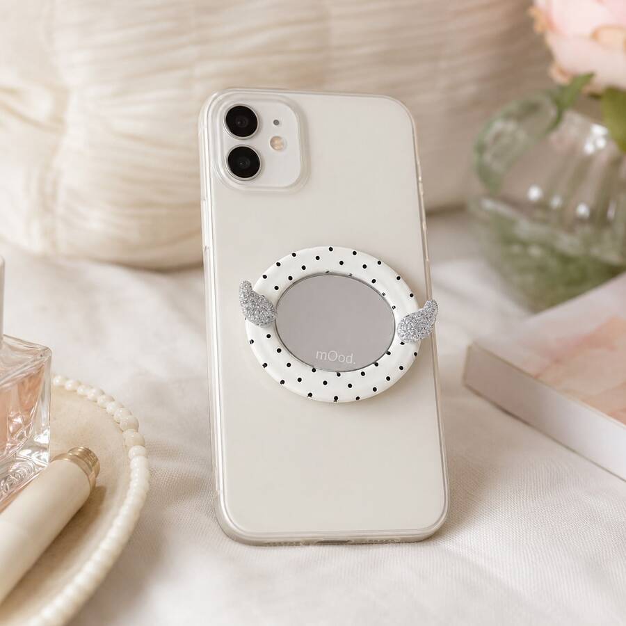 Exquisite Speckled Mirror Shaped Personalized Fashionable Phone Holder, Suitable For All Phones, Cute Desktop Storage Rack - White - View 1