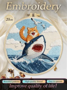 Embroidery Kit 15x15cm/5.9in Or 20x20cm/7.9in Handmade DIY Set Cat Catching Shark Pattern Suitable For Adult Beginners Includes Fabric, Instructions, Embroidery Hoop, Needle And Thread Perfect Gift For Friends And Family Home Or Office Art Decor - A - View 5