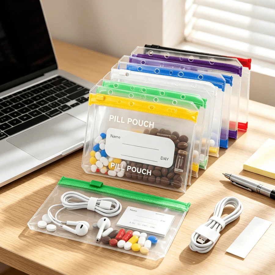 14pcs/7pcs 7-Color 6-Ring Binder Pill Storage Bags, Waterproof Wear-Resistant PVC Transparent Zipper Pouches With Writing Labels, Portable Small Item Organizer For Home Travel, Pill, Coin, Card, Ticket Sorting - Self-sealing Plastic Bags - View 1