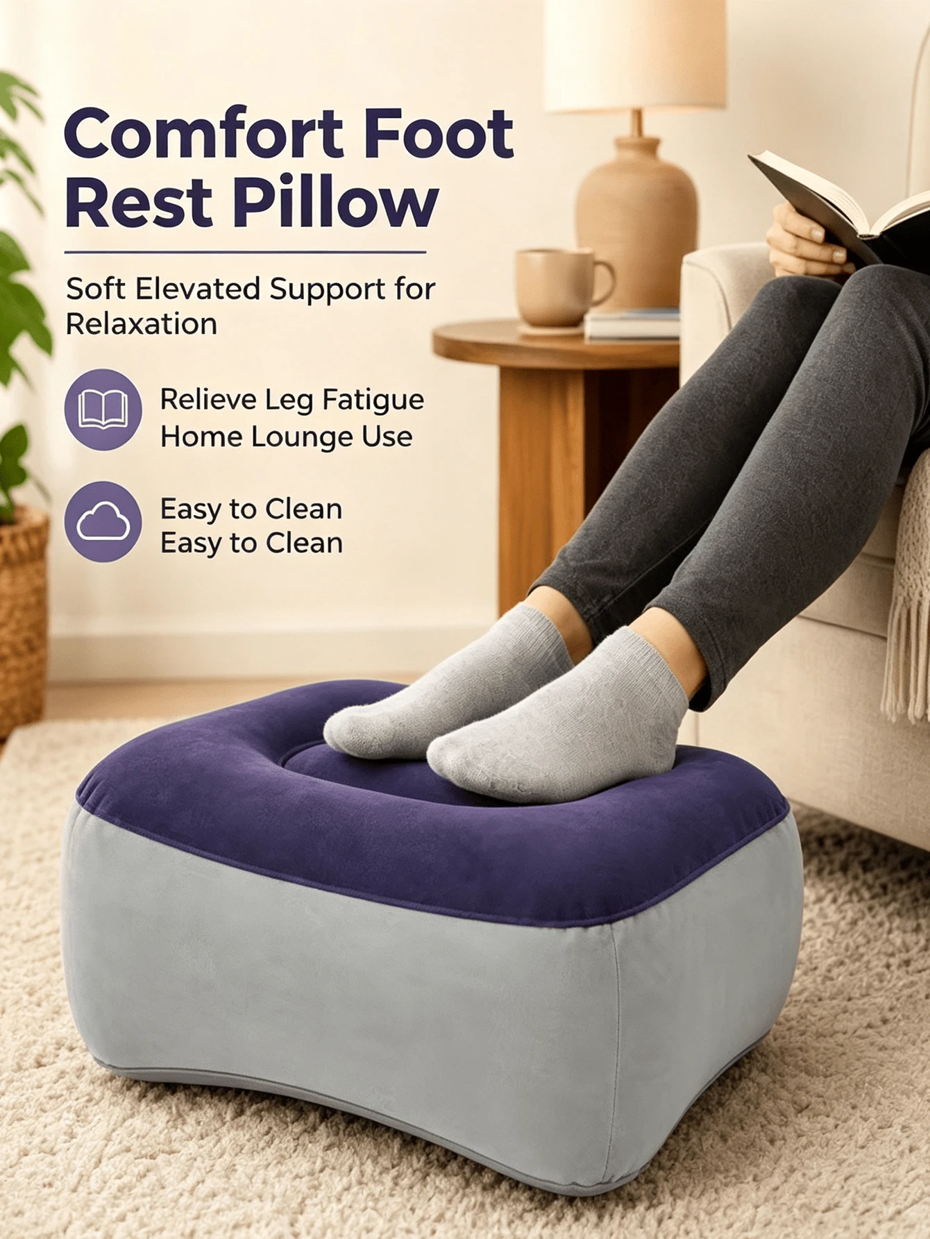 Inflatable Ergonomic Foot Rest Pillow, Portable Soft Elevated Foot Stool Cushion, Lightweight Foot Support Pad For Office Desk Home Sofa Airplane Travel Relieve Leg Fatigue