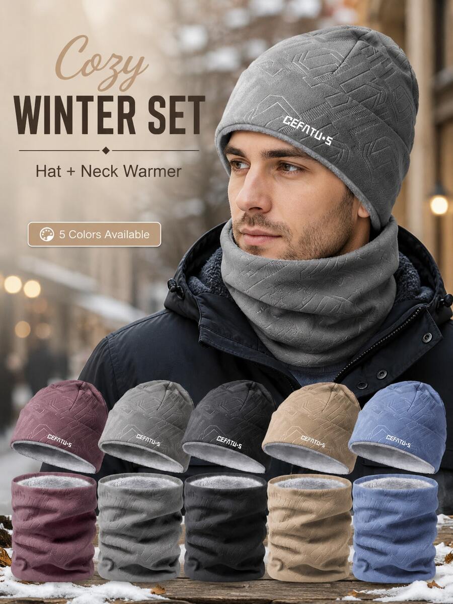 Winter Casual Hat & Scarf Set, Geometric Pattern Matching Neck Warmer, Soft Lining 2 Pieces Headwear, Ear-Protective Design, Unisex Warm Outdoor Accessories, Suitable For Daily Commute, Hiking, Cycling, Travel Winter Wear - Multicolor - View 1