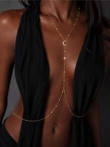 1pc Crescent Moon & Star Rhinestone Long Body Chain, Adjustable Y-Shaped Design, Sparkling Body Jewelry For Evening Party - Rhinestones - View 2