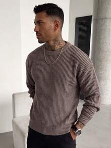 Men's Autumn/Winter Basic Solid Color Casual Fitted Lightweight Sheer Polyester Pique Texture Niche Design Long Sleeve Drop Shoulder Crew Neck Pullover Sweater - Coffee Brown - View 2