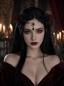 Gothic Black Red Rose Forehead Headpiece Red Teardrop Crystal Pendant Dark Bridal Wedding Hair Accessory For Halloween Cosplay Party - Black - View 2