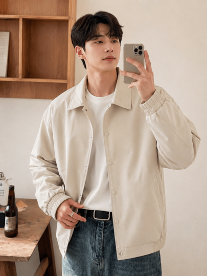 1pc Men's Apricot Solid Color Casual Jacket, Smooth Woven Fabric, Skin-Friendly, Wrinkle-Resistant, Easy Care, Classic Shirt Collar With Button Placket, Convenient To Put On And Take Off, Korean Casual Style, Suitable For Campus, Light Business Commute, Daily Outings