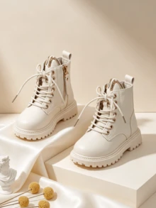 1 Pair Fashion Classic Lace-Up Boots With Metal Eyelets, Side Zipper, Workwear Style, Cute Cat Ear Design, Comfortable And Soft, Suitable For Daily Wear, Campus Commute, All-Season Versatile - Beige - View 5