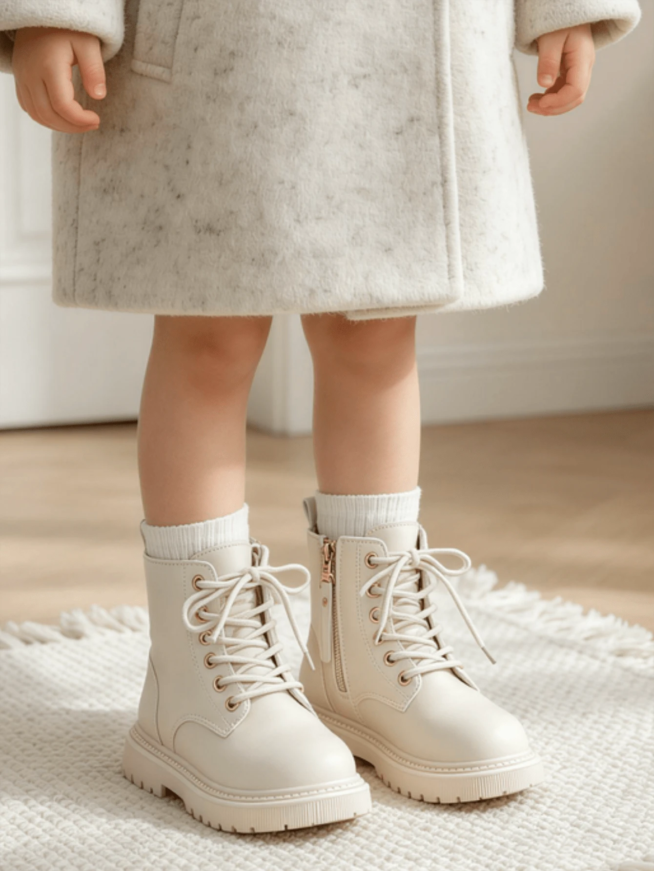 1 Pair Fashion Classic Lace-Up Boots With Metal Eyelets, Side Zipper, Workwear Style, Cute Cat Ear Design, Comfortable And Soft, Suitable For Daily Wear, Campus Commute, All-Season Versatile - Beige - View 1