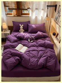 2/3pcs Ultra Soft Solid Deep Purple Duvet Cover Bedding Set, Soft Breathable Wrinkle-Resistant, Helps Sleep, Luxury Hotel Style, Gift For Parents And Friends, Reversible Dual-Color Duvet Cover*1 Pillowcase*1/2, Extra Large/Large/Full/Twin - Purple - View 1