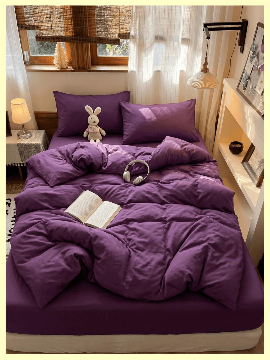 2/3pcs Ultra Soft Solid Deep Purple Duvet Cover Bedding Set, Soft Breathable Wrinkle-Resistant, Helps Sleep, Luxury Hotel Style, Gift For Parents And Friends, Reversible Dual-Color Duvet Cover*1 Pillowcase*1/2, Extra Large/Large/Full/Twin - Purple - View 1