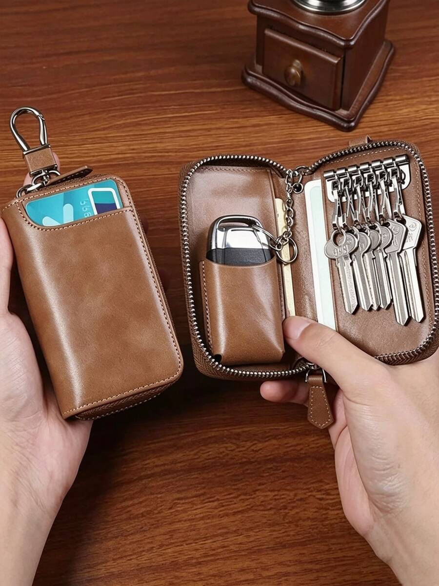 Vintage Genuine Leather Key Holder For Men, Large Capacity Key Case For Car Keys & Cards, Anti‑Lost Portable Key Pouch For Daily Travel - Khaki - View 1