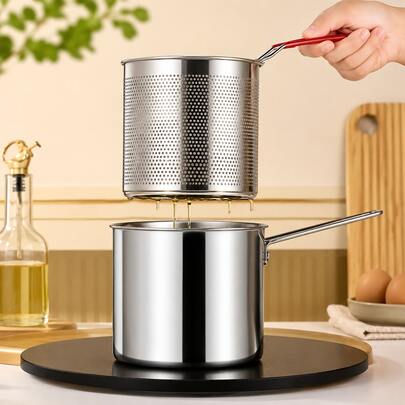 Freidora de acero inoxidable con rejilla de colador - Compacta y fácil de usar - Perfecta para hacer patatas fritas crujientes, papas fritas, pescado y pollo - Herramienta de cocina esencial para cocinar en casa
