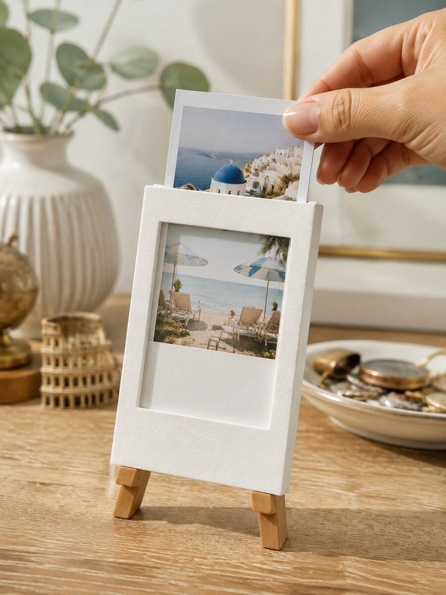 1pc Mini White Easel Photo Frame, Desktop Display Stand With Tripod Base, Instant Photo Style Holder For Desk, Office, Dorm & Classroom Decor, Birthday, Anniversary, Graduation Gift, School Essentials, University Essentials & Autumn Home Decor - Multiple Styles - View 1