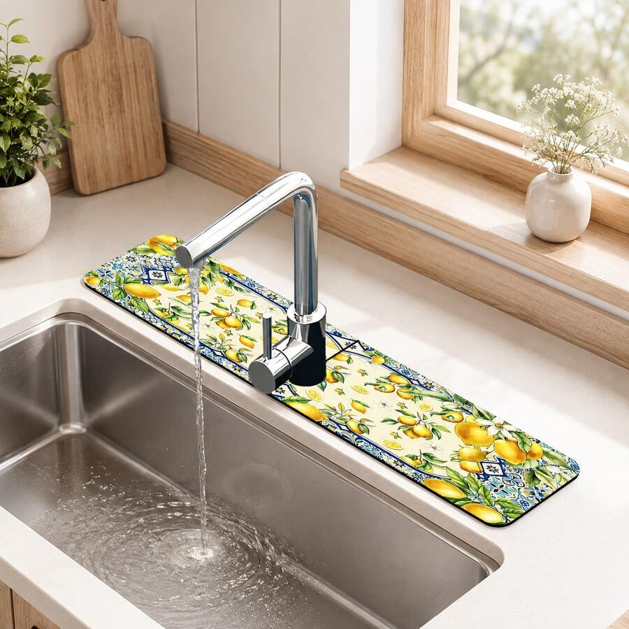 1pc Sink Faucet Absorbent Mat, Lemon Pattern Drainage Pad, Suitable For Kitchen, Bathroom Sink, Countertop, Drainage Mat, Diatomaceous Earth Material, Cuttable, Quick Dry Mat - Multicolor - View 1