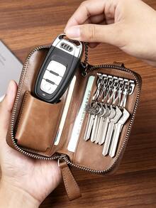 Vintage Genuine Leather Key Holder For Men, Large Capacity Key Case For Car Keys & Cards, Anti‑Lost Portable Key Pouch For Daily Travel - Khaki - View 6