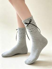 1/3 Pairs All-Season Breathable Versatile Polka Dot Bow Slouch Mid-Calf Socks - Multicolor - View 5