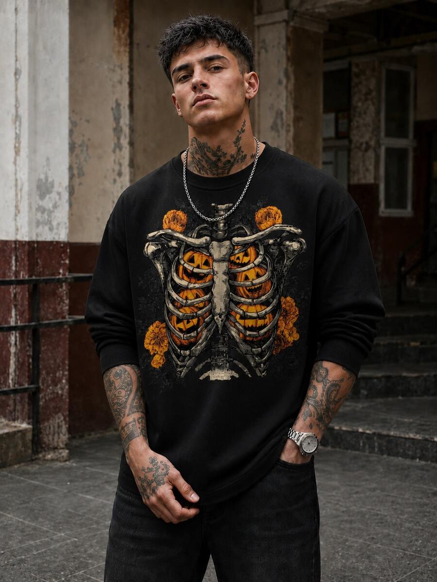 FRACTYR Kaos Sweatshirt Lengan Panjang Leher Bulat Motif Tengkorak, Tulang Rusuk, , dan Bunga untuk Pria Bertema Halloween - Hitam - View 1