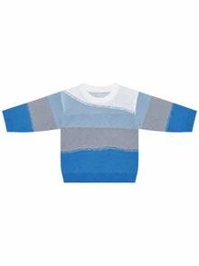1pc Tween Boys Blue Grey White Gradient Brush Stripe Knit Sweater, Fresh Macaron Style Loose Crew Neck Top For Spring And Autumn - Blue - View 3