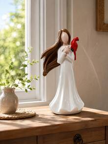 1pc Women Statue Holding Red Cardinal, Red Cardinal Memorial Sculpture, Elegant White Dress Women Sculpture, Suitable For Living Room Bookshelf Fireplace Mantel Bedroom, Memorial Compassion Home Decor Gift - Classic - View 4