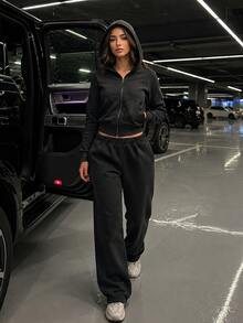 Halloween Y2K 2 Pieces Sports Set, Letter Rhinestone Zipper Hoodie + High-Waist Straight Leg Sweatpants, Slim Fit Streetwear Sports Outfit - Black - View 3