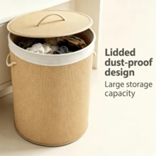 Woven Laundry Hamper With Lid, Laundry Basket, Storage Bin, Linen‑Lined Clothes Storage Basket With Rope Handles, Large‑Capacity Dirty Clothes Organizer Box, Suitable For Bedroom, Bathroom And Laundry Room - Khaki - View 5