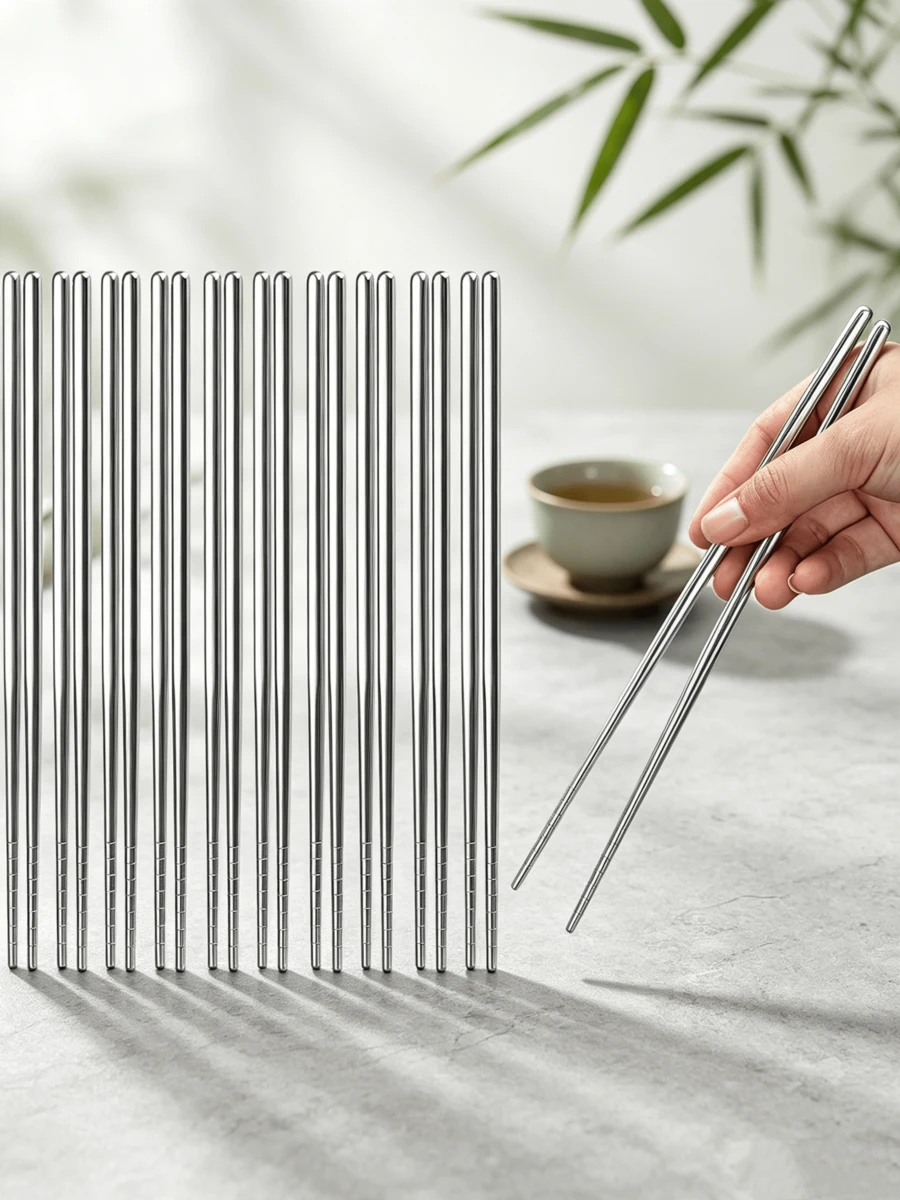10 Pairs Of Silver-Colored Stainless Steel Chopsticks, Reusable And Dishwasher , 23 Cm Long, Non-Slip Metal Chopsticks, Suitable For Kitchen, Home, And Catering - View 1