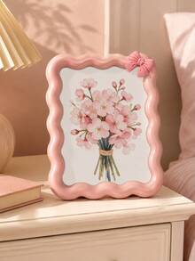 1pc Pink Bow Wavy Photo Frame, Cute Sweet Style Photo Frame, Beautiful Floral Desktop Decoration, Romantic Photo Display Stand, Suitable For Bedroom, Vanity, Dorm, Living Room, Desk, Bookshelf Decoration, Sweet Gift For Girls, Women, Birthday, Valentine's Day - C - View 3