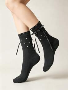 1/3 Pairs All-Season Breathable Versatile Polka Dot Bow Slouch Mid-Calf Socks - Multicolor - View 7