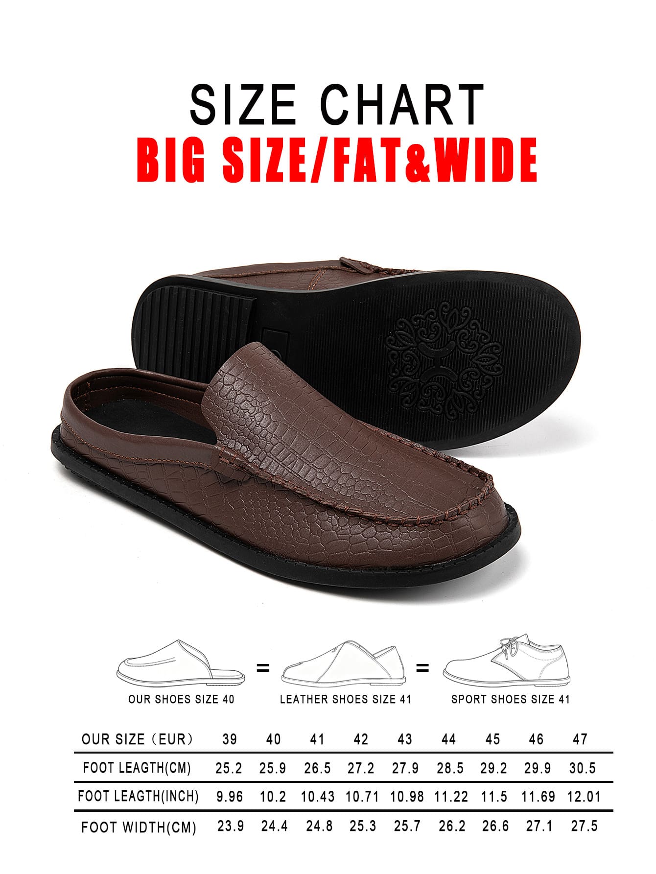 New Men's Plus Size Wide Fit Crocodile Embossed Slip-On Loafers, Backless Soft Sole Closed Toe, Business Casual Commuter Style