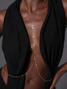 1pc Crescent Moon & Star Rhinestone Long Body Chain, Adjustable Y-Shaped Design, Sparkling Body Jewelry For Evening Party - Rhinestones - View 1