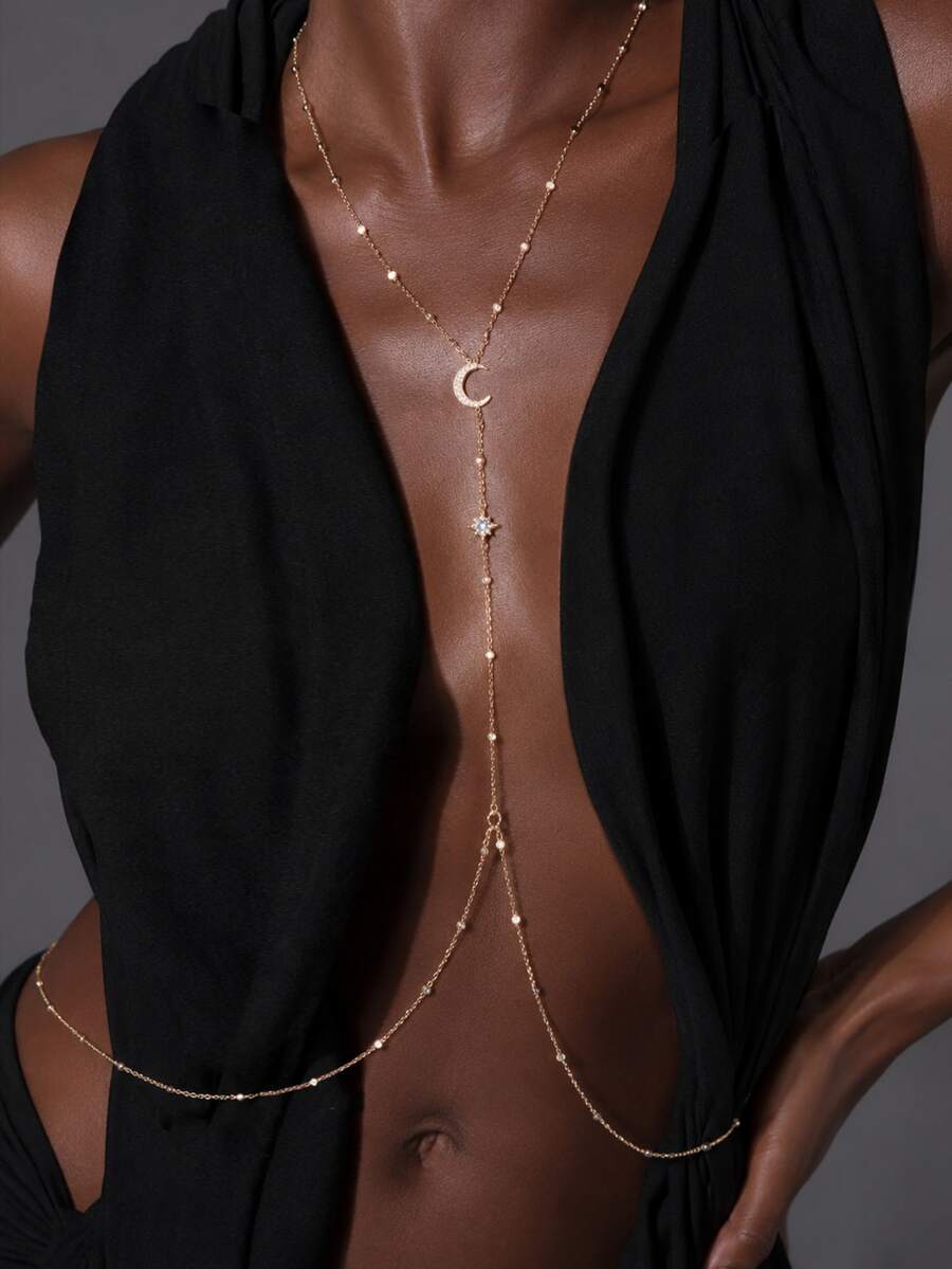 1pc Crescent Moon & Star Rhinestone Long Body Chain, Adjustable Y-Shaped Design, Sparkling Body Jewelry For Evening Party - Rhinestones - View 1