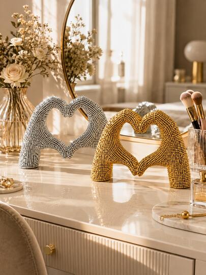 1pc Gold & Silver Beaded Heart Hand Sculptures, Metallic Love Gesture Tabletop Decor, Elegant Modern Accent Ornament For Living Room, Shelf & Console Table, Romantic Home Decoration | Wedding Decor, Anniversary Gift, Valentine's Day Gift,