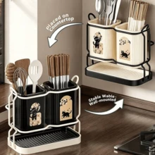 1pc Carbon Steel Kitchen Utensil And Knife Rack, With 2 Utensil Buckets, 2-In-1 Countertop And Wall-Mounted Storage Rack, Detachable Drip Tray, Cute Cat Pattern, Great Value Gift, Best Gift For Christmas, Halloween, Back To School - Multicolor - View 2