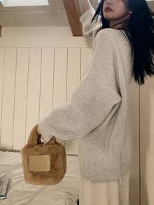 Women's Autumn/Winter Solid Color Pocket Versatile Minimalist Loose Knit Cardigan Jacket - Beige - View 4