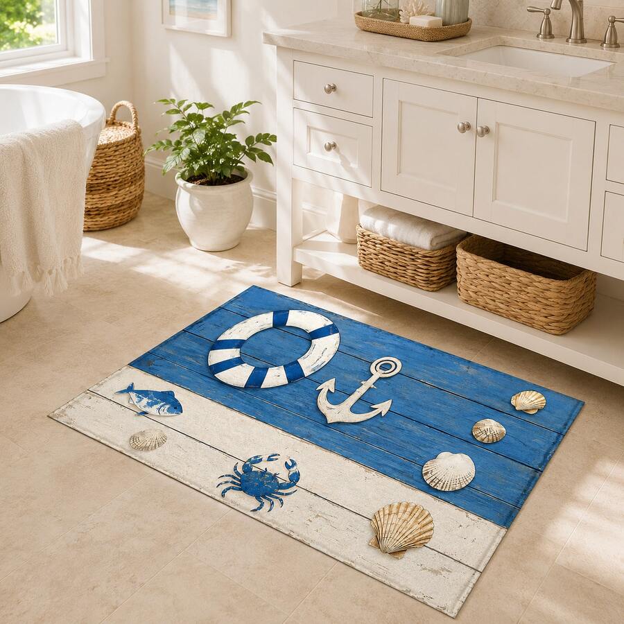 1pc Nautical Pattern Printed Faux Cashmere Kitchen Mat, Absorbent Kitchen Rug, Kitchen Floor Mat, Long Runner Mat, Sink Front Mat, Suitable For Kitchen, Bathroom, Entryway, Hallway, Laundry Room And Home Decor - Multicolor - View 1
