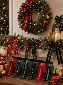 1pc Christmas Velvet Ribbon, Gold Foil Star & Merry Christmas Printed Decorative Ribbon, 2m Roll, 2.5cm/4cm Width, For Gift Wrapping, Christmas Tree, Wreath, Bow Making, Holiday Party Decor - Velvet - View 4