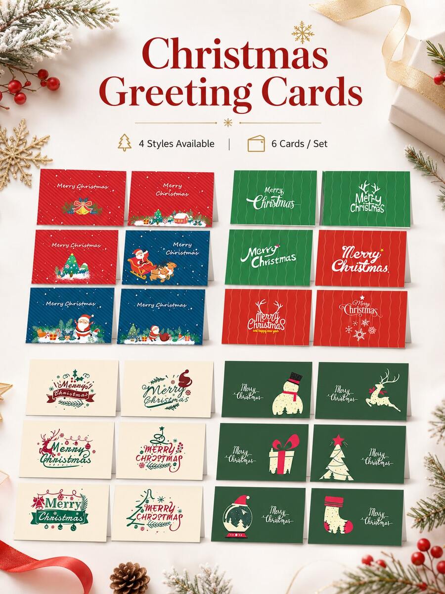 6 Pieces/Package Vintage Christmas Holiday Card Set, 6 Different Design Festive Invitation Cards, Party Gift Decorations, Anniversary Gifts, Comes With Envelopes And Stickers - Sets - View 1