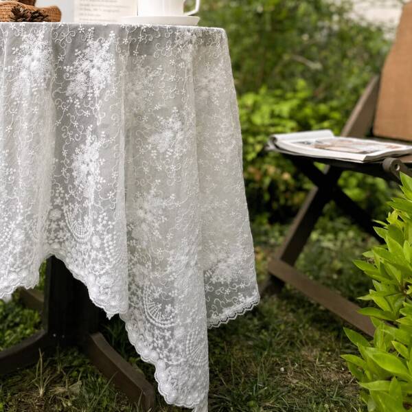 White Floral Embroidered Lace Tablecloth, Sheer Transparent Table Cover, Vintage Boho Style Table Decor For Wedding, Bridal Shower, Garden Party, Dining Table