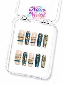 NAIO 10pcs/Set Y2K Handmade French Patchwork Nails, Nude & Teal Color Block, Gold Metal Strip Rhinestone Nails, Baroque Luxury Style, Suitable For Daily Wear & Party, 3 Sizes Almond/Coffin/Short Square, Acrylic Fake Nails, Removable & Reusable - Multicolor - View 14