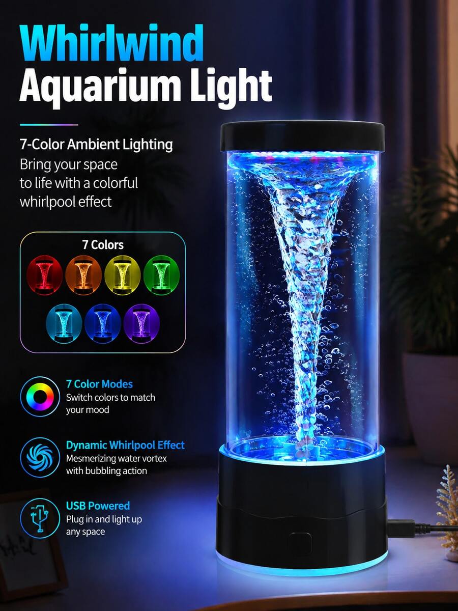 Whirlwind Aquarium Light , LED Lighting, , With 7 Dynamic Color Changing Settings, Ideal For Aquarium Enthusiasts, Automatic Rotating Tornado Design, Suitable For Room Decor And Christmas/Birthday Gifts Whirlwind Lamp