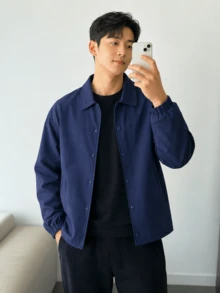 1pc Men's Navy Blue Lapel Jacket, Smooth Lightweight Woven Fabric, Draping And Non-Deforming, Machine Washable, Suitable For Campus, Commute, Daily Casual, Couple Matching, Basic Lapel Outerwear - Navy Blue - View 1