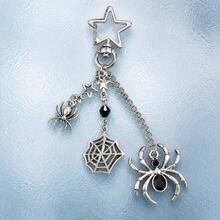 1PC Halloween Gothic Spider Chain Brooch Pin, Antique Silver‑Toned Star Web Dangle Lapel Pin For Party Costume Accessory - Silver - View 2