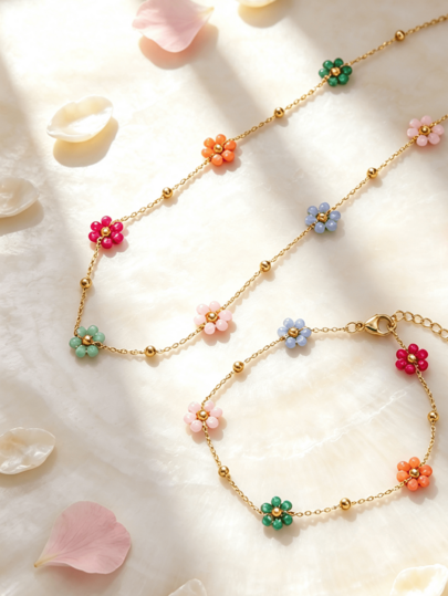 Conjunto de 2 Peças Colar e Pulseira de Aço de Titânio com Margarida Colorida, Joias de Dopamina para Mulheres, Presente de Festa de Verão
