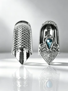 Vintage Rhinestone Sewing Thimble, Retro Relief‑Carved Finger Guard With Non‑Slip Inner Dots, Wear‑Resistant Finger Protector For Hand Quilting, Embroidery And Daily Needlepoint Work - Silver - View 13